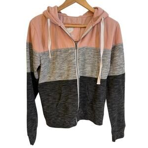 Lock & Love Women’s‎ Large Pink Gray Charcoal Colorblock Zip Hoodie Soft Striped